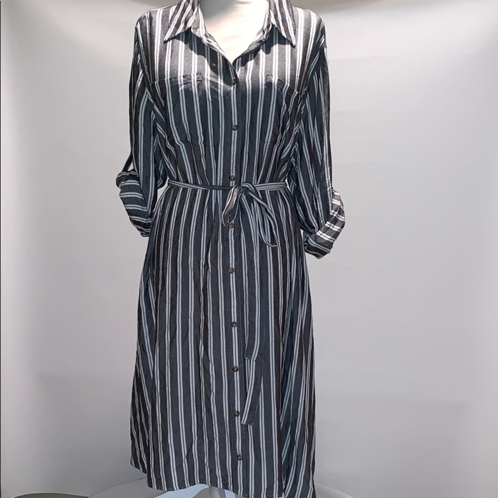 Grey & white stripe button up shirt dress